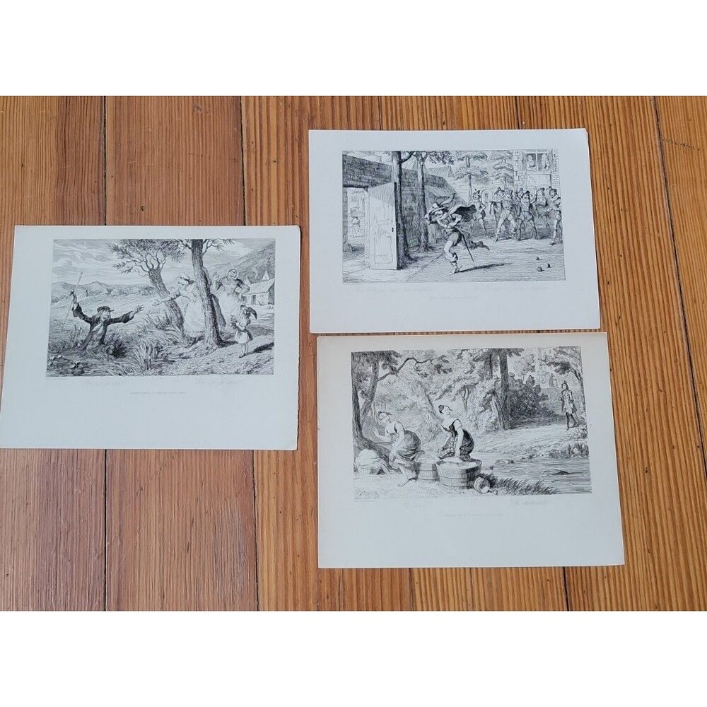 Lot of 3 Prints-1836 Fisher Son Antique  Etching- Rescue, Maidens, Soldiers Vtg